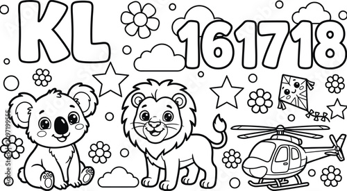 Fotografie Cute kids coloring page with koala and lion plus kite and helicopter with letters and num