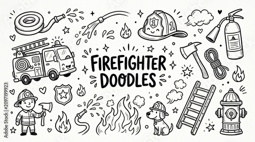 Firefighter doodles illustrations with various firefighting tools and equipment