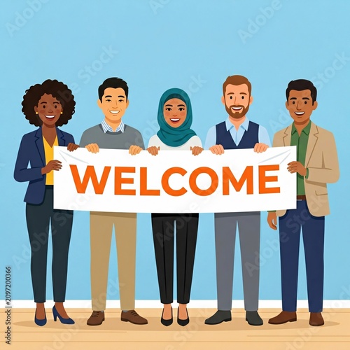 A diverse group of people holding a welcome sign in a modern office setting