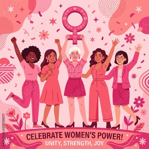 Women's empowerment illustration celebrating unity and strength in pink