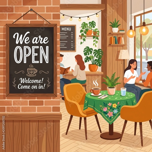 A cozy cafe interior with a sign that says we are open