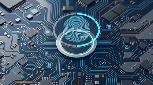 Digital fingerprint scan on circuit board for biometric security and data privacy