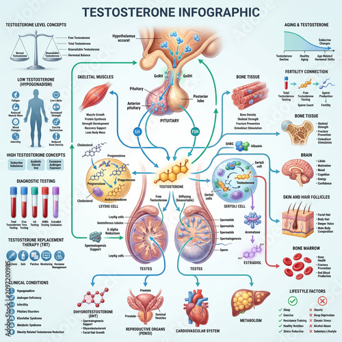 Detailed educational medical infographic explaining the complex biological pathway of human testosterone production and its vital effects on bodily systems