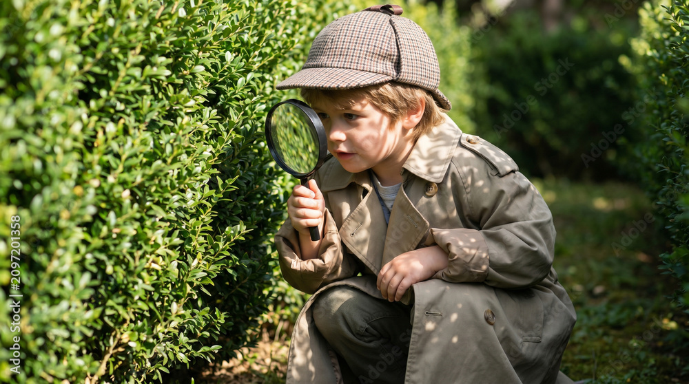 Fototapeta premium Young Detective Investigating Garden Mystery with Magnifying Glass and Trench Coat