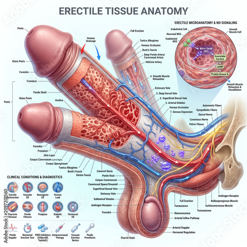 Detailed medical illustration showing human penile anatomy with cross section views highlighting erectile tissue and physiological mechanisms of blood flow