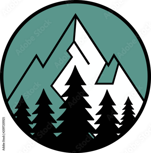 Fotografía Mountain range and pine trees circle badge, minimalist outdoor adventure emblem