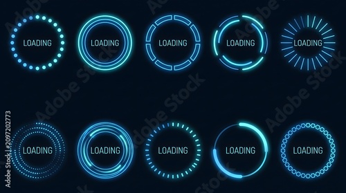 Collection of futuristic blue loading icons with digital interface elements