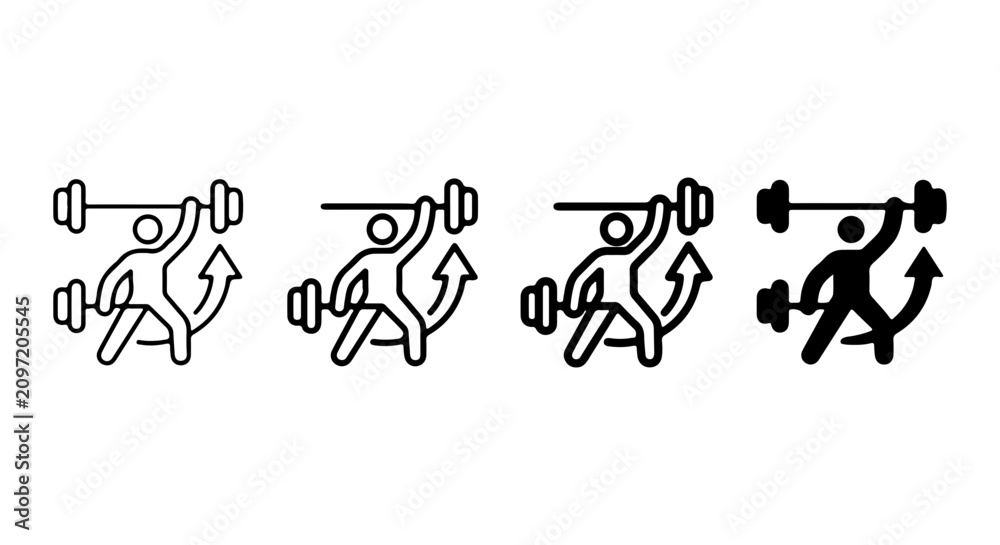 Obraz premium Weightlifting Icon Set, Fitness Man Lifting Barbell, Strength Training Vector Graphics, Workout Silhouette