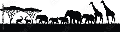 Photography African Wildlife Silhouette Illustration with Elephants, Giraffes, Antelopes, an