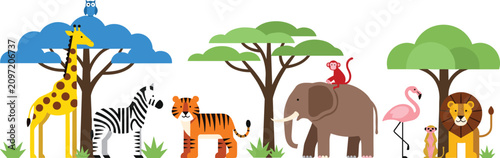Photography Colorful Cartoon Animal Illustration with Jungle Trees Featuring Lion, Tiger, El