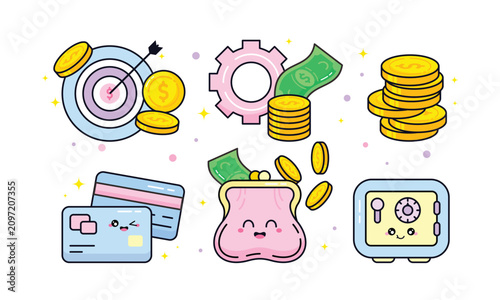 Cute Finance Kawaii Illustration Set with Money and Banking Elements in Pastel Colors