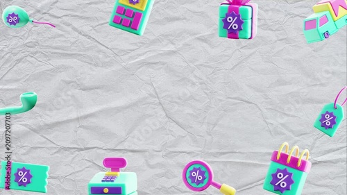 A colorful 3D online shopping motion graphic with sale icons, cart, store, megaphone, and retail elements moving into frame then revealing clean copy space for promos and titles.