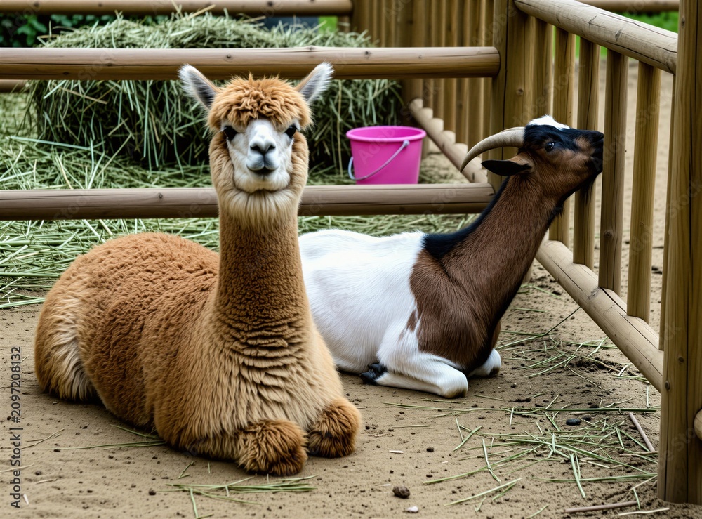 Fototapeta premium Brown fluffy alpaca, spotted goat sit in farm enclosure. Animals rest on sandy ground near wooden fence. Pink bucket, dry hay stacks visible in background. Domestic creatures spend time together in