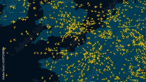 Time lapse of Flight Traffic Over English Channel and Western Europe, Live map view of dense air traffic over southern UK, the English Channel, and northern France