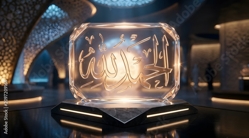 Arabic calligraphy Alhamdulillah glowing golden light. Islamic art 3D sculpted religious text with warm illumination