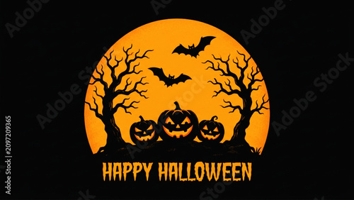 Foto Happy Halloween circular frame design with trio of glowing jack o lanterns and flying bats on dark silhouette landscape under giant orange moon
