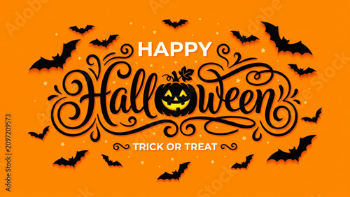 Happy Halloween calligraphy text with bats and pumpkin on orange background
