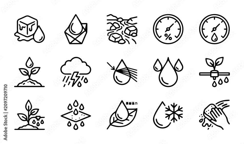 Obraz premium Water Icons Set: Liquid, Droplet, Flow, Weather, Irrigation, Moisture, Ice, Snow, Cleaning Vector Graphics