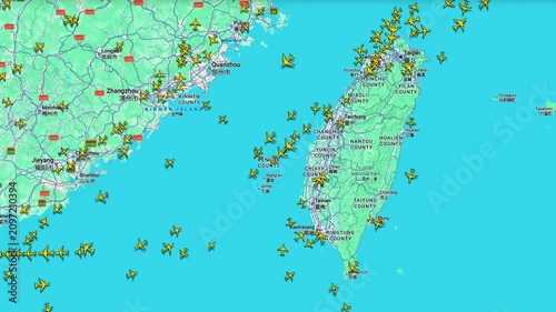 Air Traffic Between Taiwan and Mainland China Over Taiwan Strait, aviation map displaying aircraft routes across East Asia