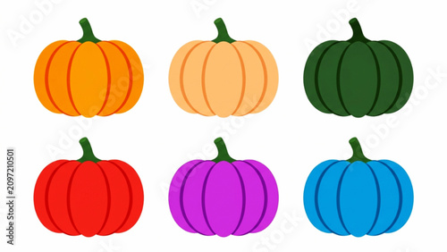 Set of six vibrant pumpkins in orange light orange dark green red purple and blue colors isolated on white background for seasonal autumn icon design vector element.