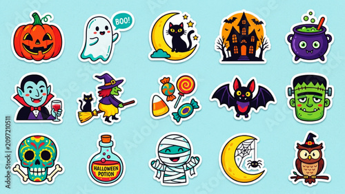 Colorful Halloween sticker set featuring pumpkin ghost black cat moon haunted house cauldron vampire witch candy bat frankenstein skull potion mummy and owl vector art design.