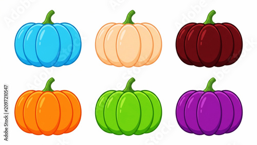 Collection of six vibrant pumpkins in blue light orange dark red orange green and purple colors isolated on white background for seasonal autumn icon design vector element.