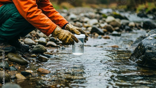 Environmental scientist collecting river water sample for quality testing in nature
