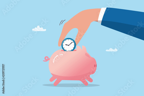 Photos Save your time, business planning or outsourcing or hiring other people to do tedious work, productivity or efficiency, delegation concept, businessman hand put time clock into piggy bank saving