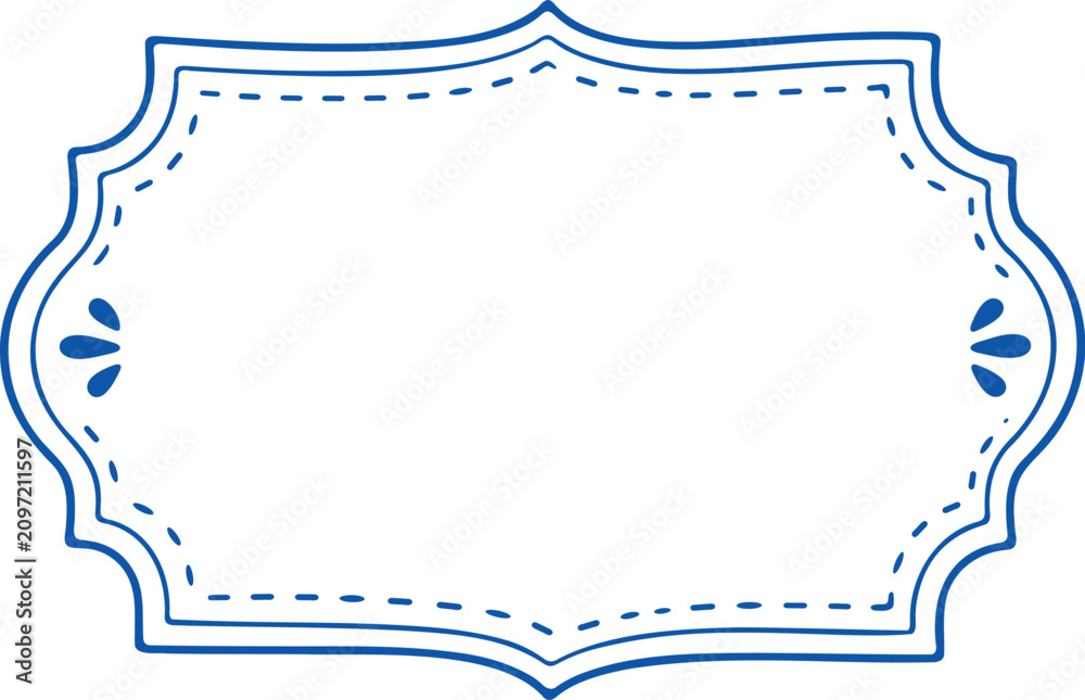 Fototapeta premium Decorative blue border with dashed lines and floral accents on white background