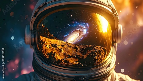 Astronaut's helmet reflecting a breathtaking galaxy vista and a rocky surface
