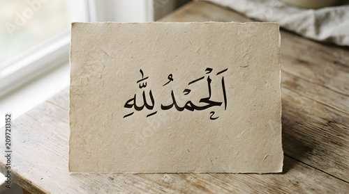 Arabic calligraphy with Alhamdulillah text on beige paper. Traditional Islamic art display.