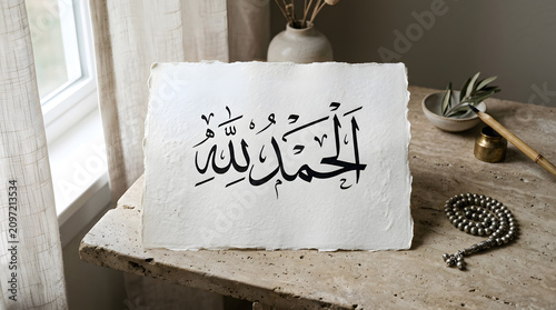 Alhamdulillah calligraphy artwork with Arabic script on paper. Elegant Islamic art piece for religious decor.