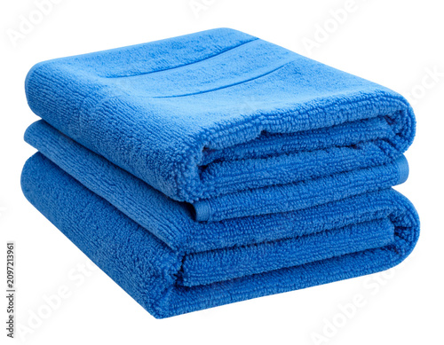 Stack of Soft Blue and White Cotton Towels Isolated on White Background for Bathroom, Spa, Hygiene, Laundry and Clean Bath Accessories