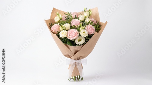 Beautiful bouquet of pink roses wrapped in brown paper