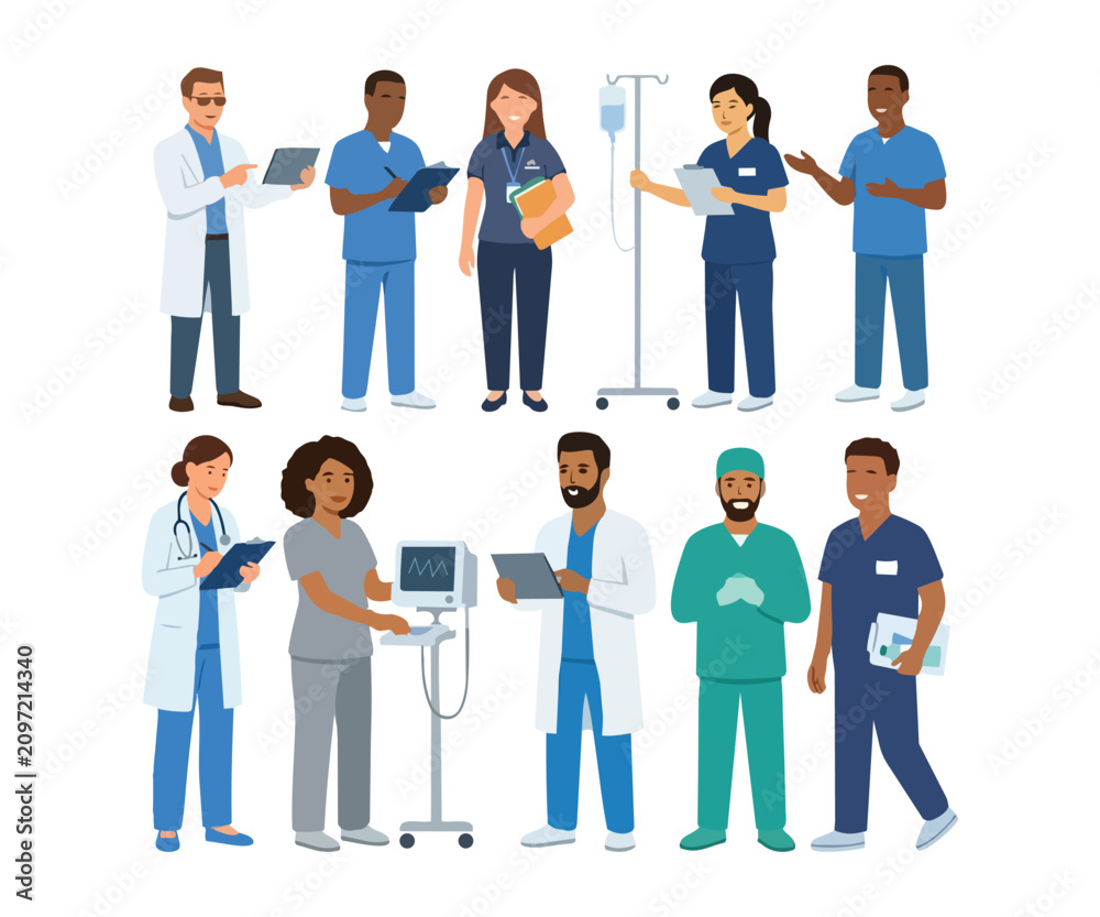 Obraz premium Diverse group of medical professionals including doctors and nurses with hospital equipment in flat illustration