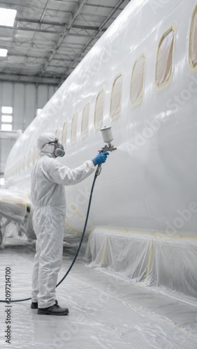 Aircraft painter in protective gear using spray gun to apply paint on airplane fuselage inside a large hangar with plastic coverings on the floor