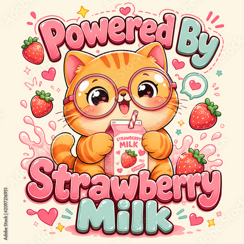 Excited orange tabby cat wearing pink glasses sipping a strawberry milk carton, framed by strawberries, hearts and bubbly lettering in a kawaii cartoon illustration.