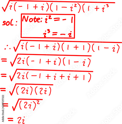 Foto Step by step complex number solution simplifying imaginary unit expressions under a square root, with clear mathematical derivation on white