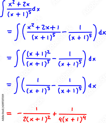 Canvastavla Step by step calculus solution simplifying and integrating a rational algebraic function with polynomial identities on a clean white background