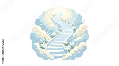 Stairway to Heaven with White Lilies and Celestial Clouds Illustration