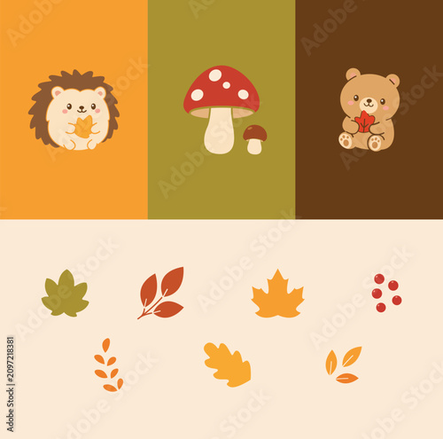 Cute Autumn Forest Animals and Fall Nature Icons Flat Vector Illustration Set