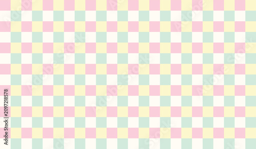 Seamless pattern with a soft pastel checkered grid in pink, yellow, and mint green, aesthetic minimalist background design.