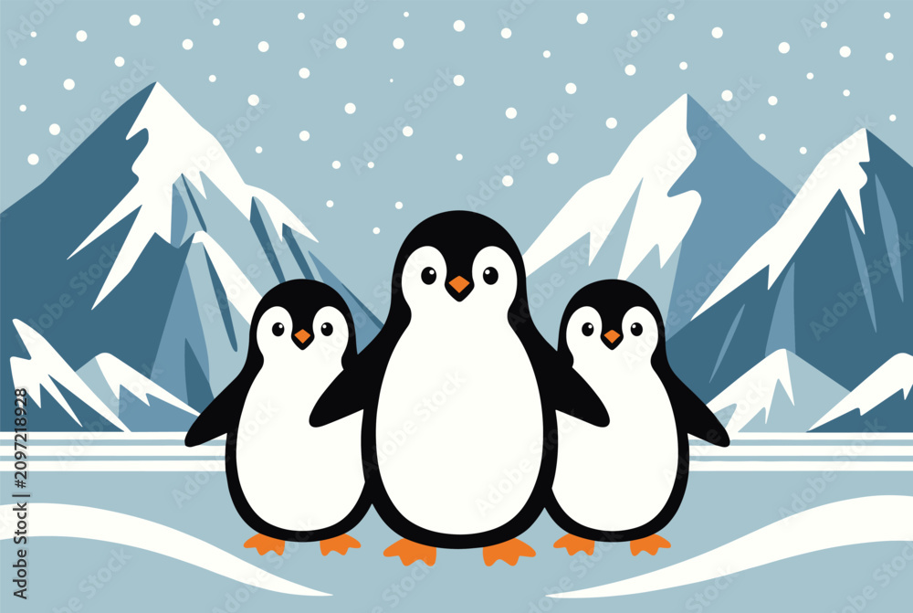 Fototapeta premium Three adorable penguins standing together in a snowy arctic landscape with snow-capped mountains and falling snow.