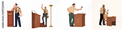 Принти на полотні Set of four flat vector illustrations featuring diverse courtroom staff members like bailiffs and officers in various active poses during a legal trial