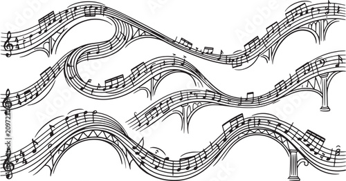 Fotografía Wavy musical staff notes and flowing sound melody stave line collection