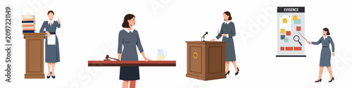 Foto Collection of illustrations featuring a female lawyer or judge in various courtroom roles, including presenting evidence and presiding over a legal case