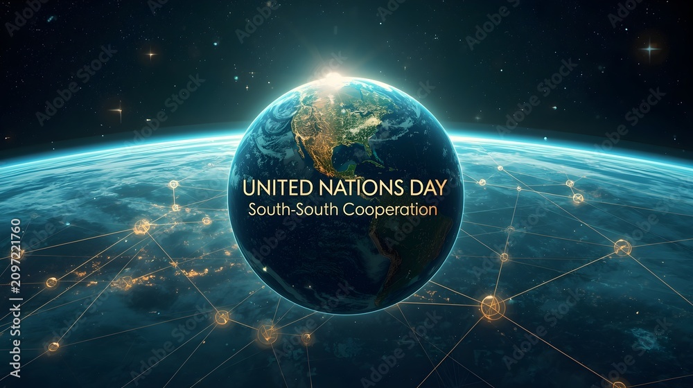 Naklejka premium United Nations Day for South-South Cooperation banner with digital planet earth and global network connections