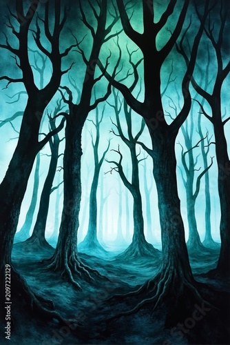 A painting of a dark forest with trees in the middle of it