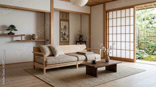 Serene Japanese living room with natural light, tatami flooring, shoji screens, and a minimalist wooden sofa and coffee table