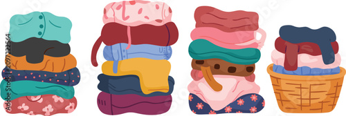 Cute colorful stack of clothes vector collection featuring cartoon folded laundry piles, shirts, jeans, and laundry basket elements isolated on white background
